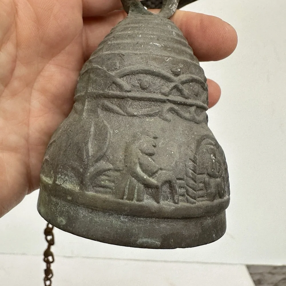 Vintage Brass Wall-Mounted Door Monastery Bell W/ Chain & Pull Handle Patina